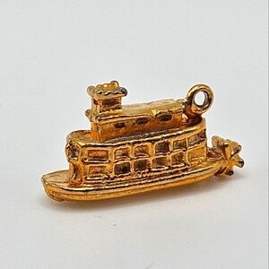 VINTAGE Gold-Tone Metal Riverboat Paddlewheel Boat Charm Pendant
